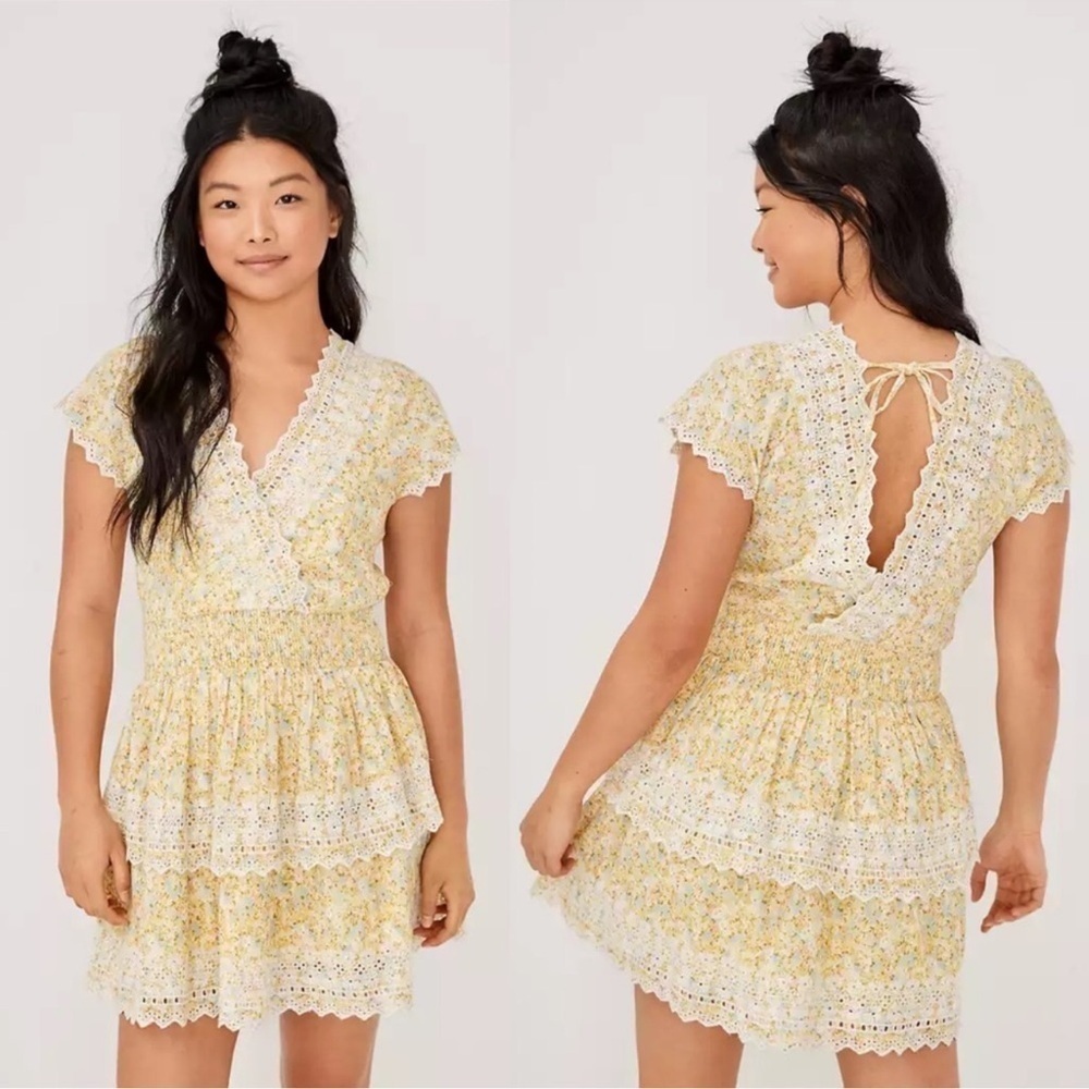 American Eagle Garden Party Wrap Dress Tiered Cottage Core Floral Lace Dress XL